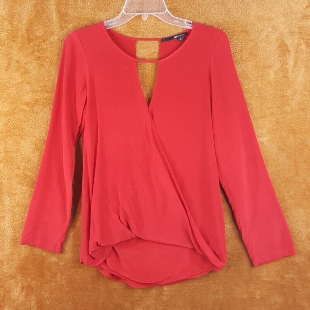 JAY GODFREY Womens Top Size 4 Red Pullover Blouse Surplice Faux Wrap 100% Silk